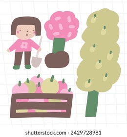 Farm scene composition. Cute hand drawn doodle girl farmer with shovel, garden tree, apple harvest. Card, postcard, t shirt print, cover, poster with funny plant for kid, children