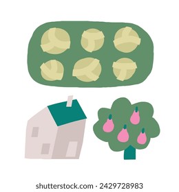 Farm scene composition. Cute hand drawn doodle cabbage garden bed, house, pear fruit tree. Card, postcard, t shirt print, cover, poster with funny plant for kid, children