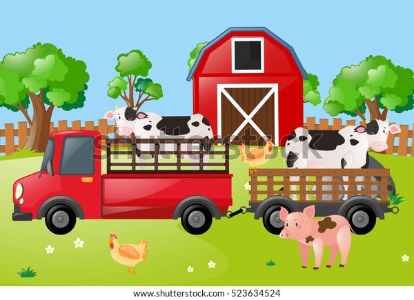 Farm scene with
cows on the truck
illustration