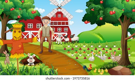 Farm scene at daytime with old farmer man and cute animals illustration