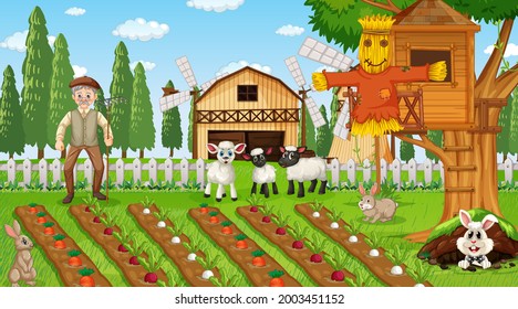 Farm scene at daytime with old farmer man and cute animals illustration