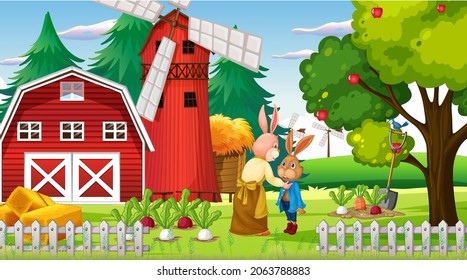 Farm scene at daytime with rabbit family illustration
