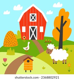 Farm scene with domestic animals, barn and tree. Cute sheep, goose. Autumn illustration in naive style.