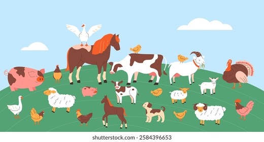 Farm scene with domestic animals and birds