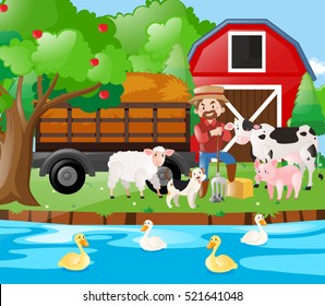 Farm scene famer and farm animals by the river illustration