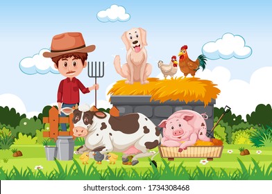 Farm scene with famer and animals on the farm illustration
