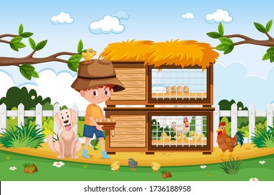 Farm scene with farmboy and chickens on the farm illustration