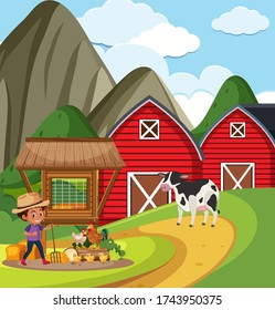 Farm scene with farmboy working on the farm illustration