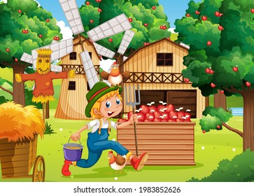Farm scene with farmer boy cartoon character illustration