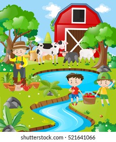 Farm scene farmer and boys by the river illustration