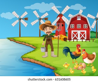 Farm scene with farmer and chickens illustration