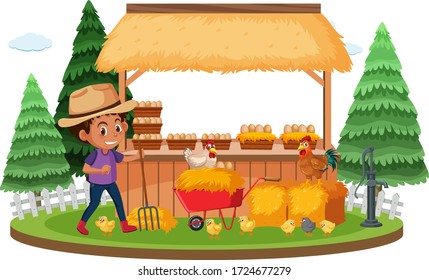 Farm scene with farmer and chickens on white background illustration