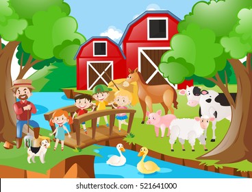 Farm scene with farmer and children by the river illustration