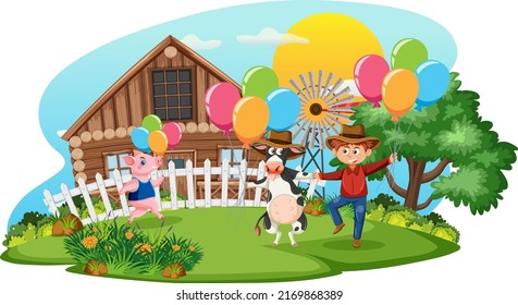 Farm scene with farmer dancing with animals illustration
