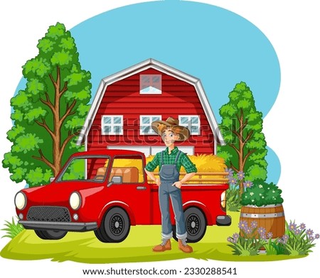 Farm scene with farmer man character illustration