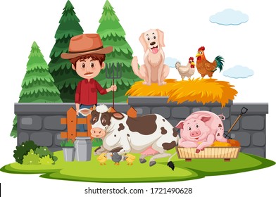 Farm scene with farmer and many animals on the farm illustration