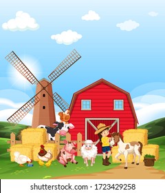 Farm scene with farmer and many animals on the farm illustration