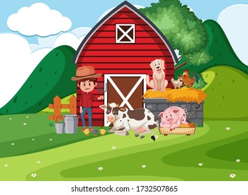 Farm scene with farmer and many animals on the farm illustration