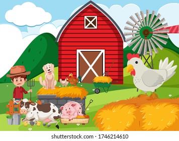Farm scene with farmer and many animals on the farm illustration