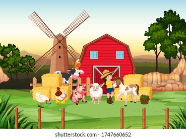 Farm scene with farmer and many animals on the farm illustration