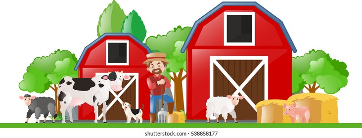 Farm scene with farmer and many animals illustration