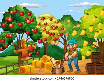 Farm scene with farmer and many fruit trees illustration