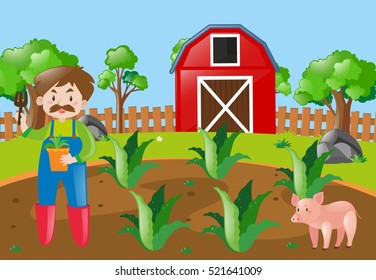 Farm scene with farmer planting in field illustration