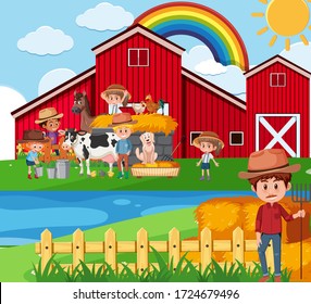 Farm scene with farmers and children on the farm illustration