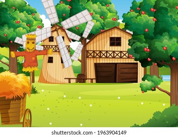 Farm scene with farmhouse and windmill illustration