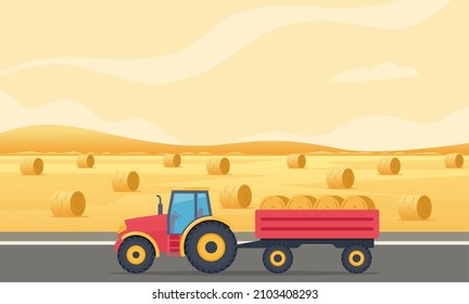 Farm scene with field and haystacks at sunset. Tractor with hay bales in cart. Rural landscape. Agriculture and farming concept. Farm Machine. Vector Illustration