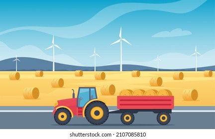 Farm scene with field and haystacks. Tractor with hay bales in cart. Rural landscape. Agriculture and farming concept. Farm Machine. Vector Illustration