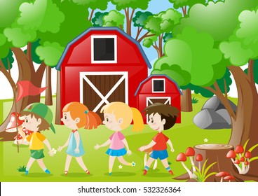 Farm scene with four children in the field