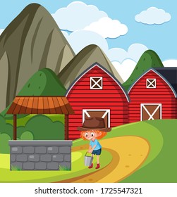 Farm scene with girl getting water in the well illustration