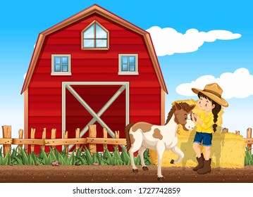 Farm scene with girl and horse on the farm illustration