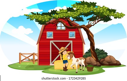 Farm scene with girl and pony on the farm illustration