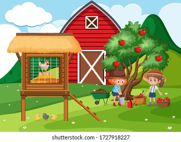 Farm scene with girls picking apples in the garden illustration