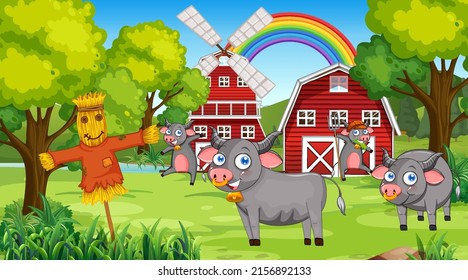 Farm scene with happy cows illustration