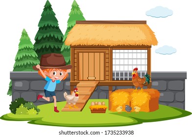 Farm scene with happy girl and chickens on the farm illustration