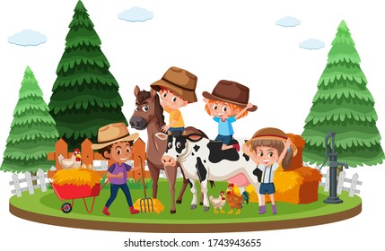 Farm scene with happy kids and many animals on the farm illustration