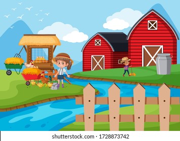 Farm Scene With Happy Kids Working On The Farmland Illustration