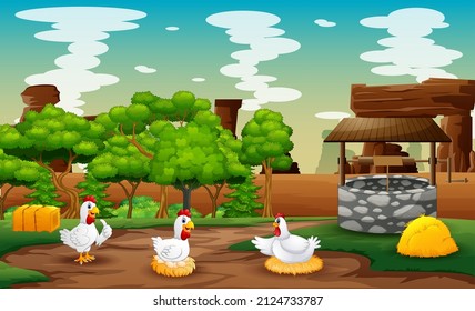 Farm scene with the hen incubating her eggs in the nest