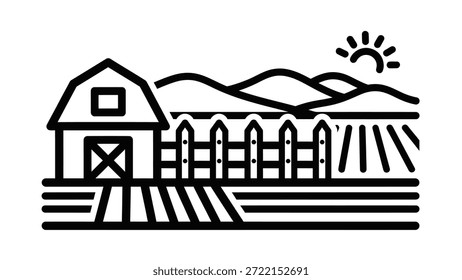 Farm Scene Icon with Barn Fields and Sun farm, barn, field, fence, sun, agriculture