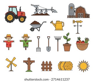 Ilustración de la escena de la granja con tractor, granero, espantapájaros y herramientas agrícolas