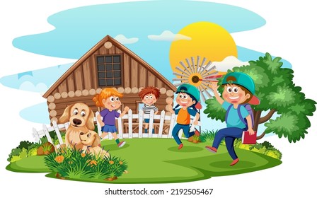 Farm scene with kids cartoon character illustration