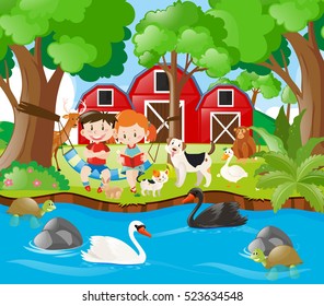 Farm scene with kids reading by the river illustration