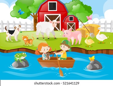 Farm scene kids rowing boat in river illustration