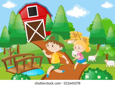 Farm scene with kids running in the field illustration