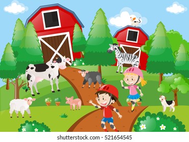 Farm scene with kids skating on the dirt road illustration