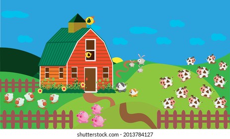 farm scene landscape in nature with animals and a blue sky