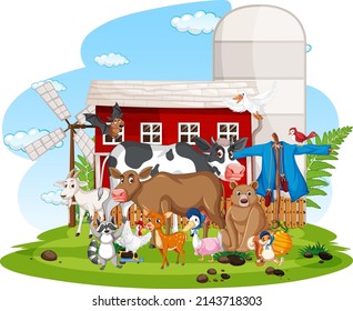 Farm scene many animals by the barn illustration